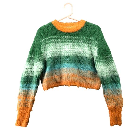 Zara Brushed Effect Knit Sweater Womens S Cropped Green Orange Fuzzy Crewneck - Picture 1 of 9